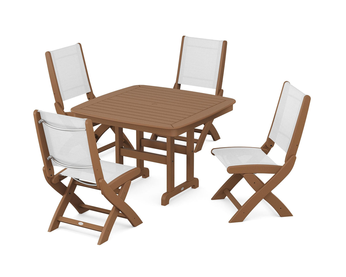 POLYWOOD Coastal Folding Side Chair 5-Piece Dining Set with Nautical 44" Dining Table in Teak / White