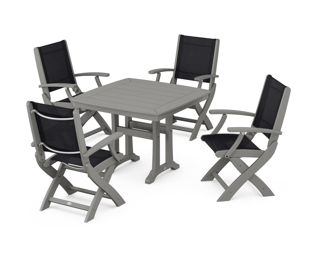 POLYWOOD Coastal Folding Chair 5-Piece Dining Set with Trestle Legs in Slate Grey / Black