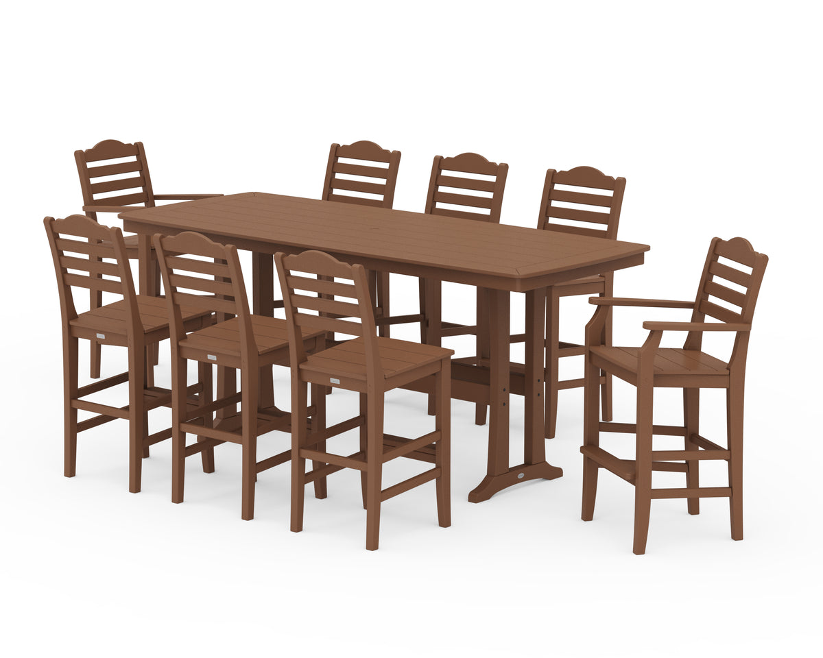 POLYWOOD Savannah 9-Piece Bar Set with Trestle Legs in Teak