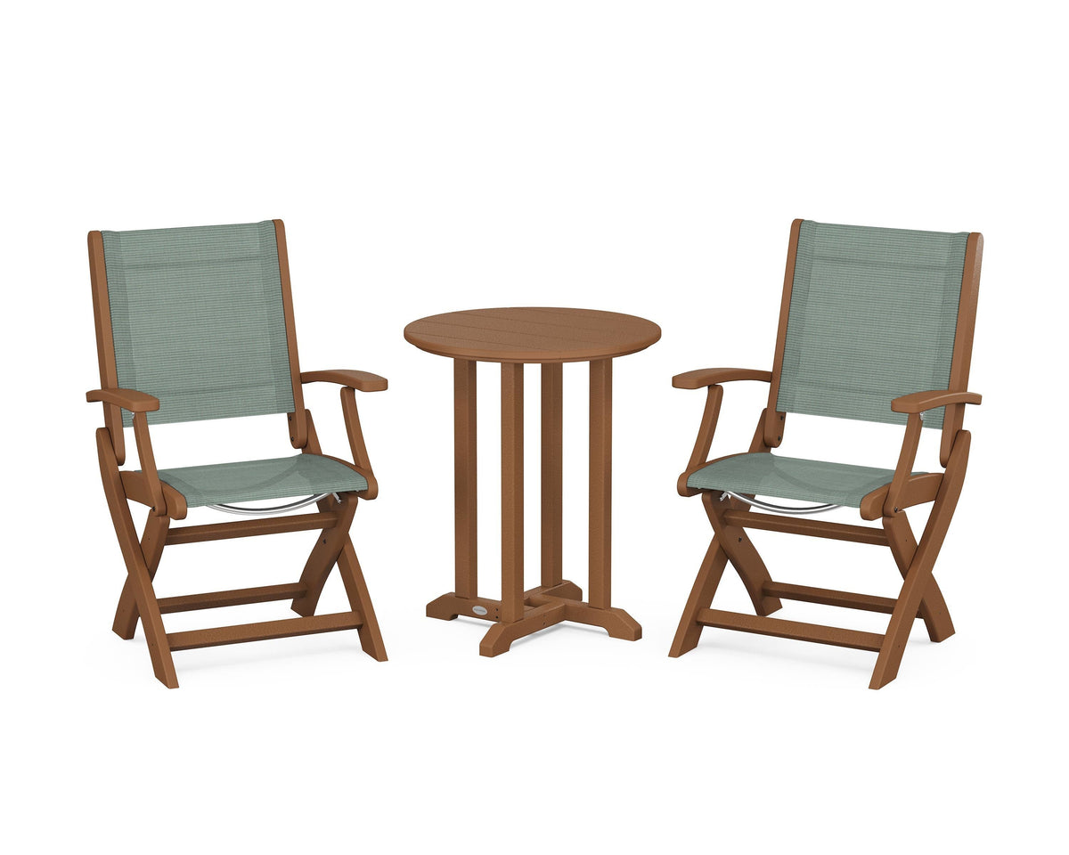 POLYWOOD Coastal Folding 3-Piece Round Bistro Dining Set in Teak / Dupioni Sea Mist