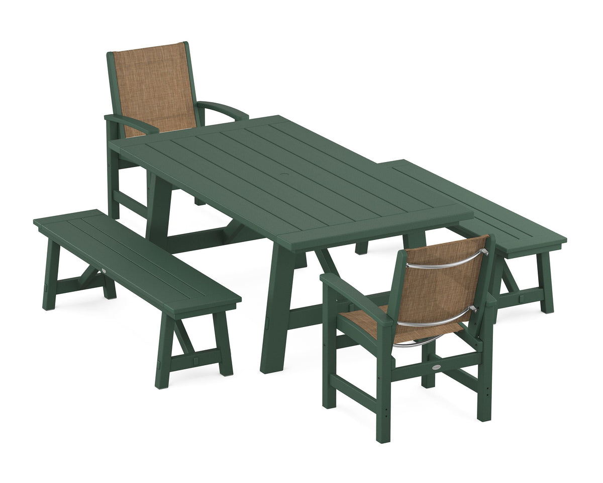 POLYWOOD Coastal 5-Piece Rustic Farmhouse Dining Set With Benches in Green / Burlap