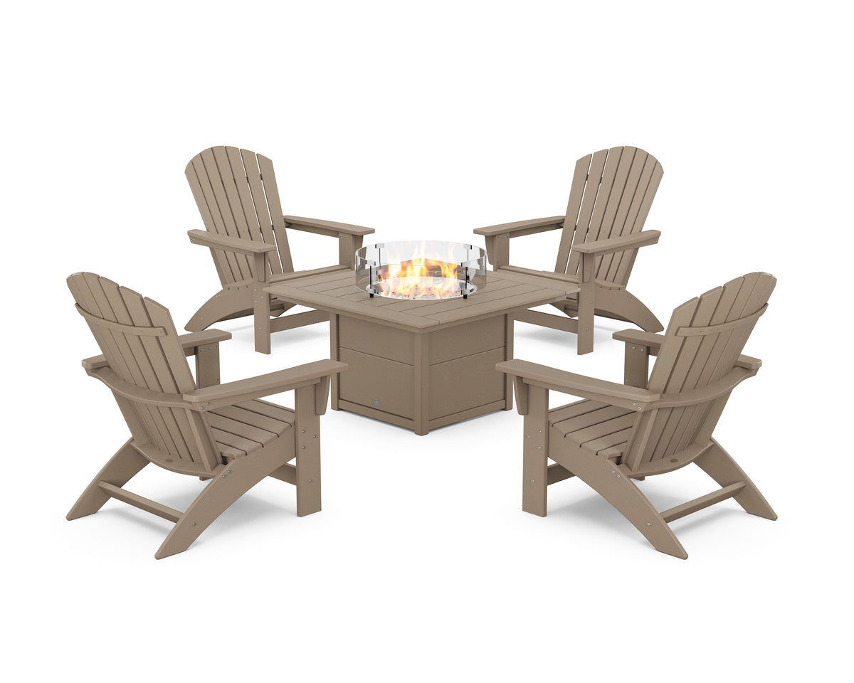 POLYWOOD 5-Piece Nautical Grand Adirondack Conversation Set with Fire Pit Table in Vintage Sahara