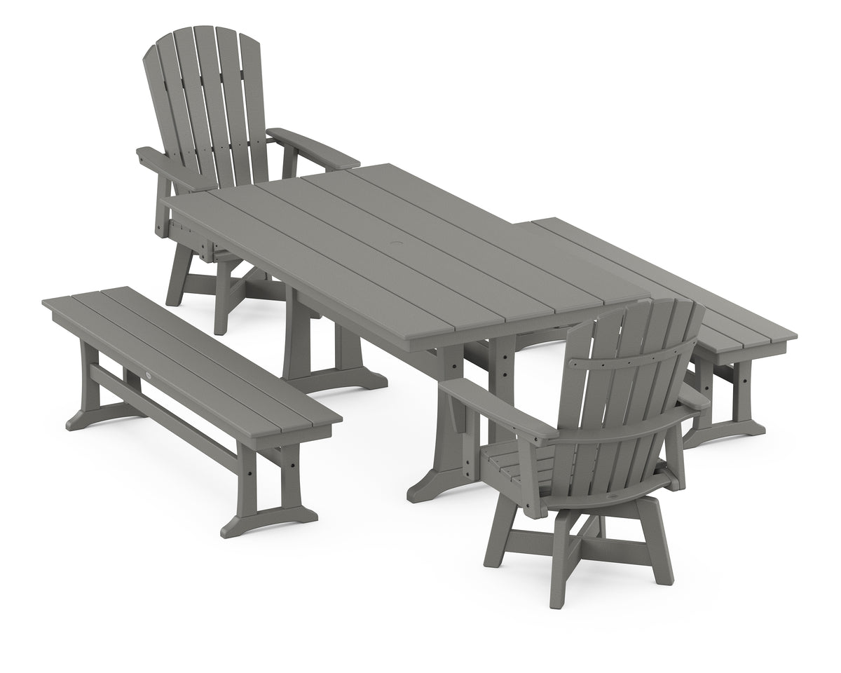 POLYWOOD Nautical Curveback Adirondack Swivel Chair 5-Piece Farmhouse Dining Set with Trestle Legs and Benches in Slate Grey