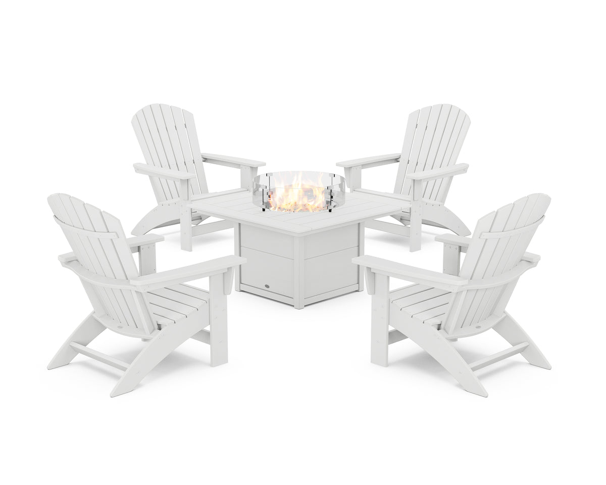 POLYWOOD 5-Piece Nautical Grand Adirondack Conversation Set with Fire Pit Table in White