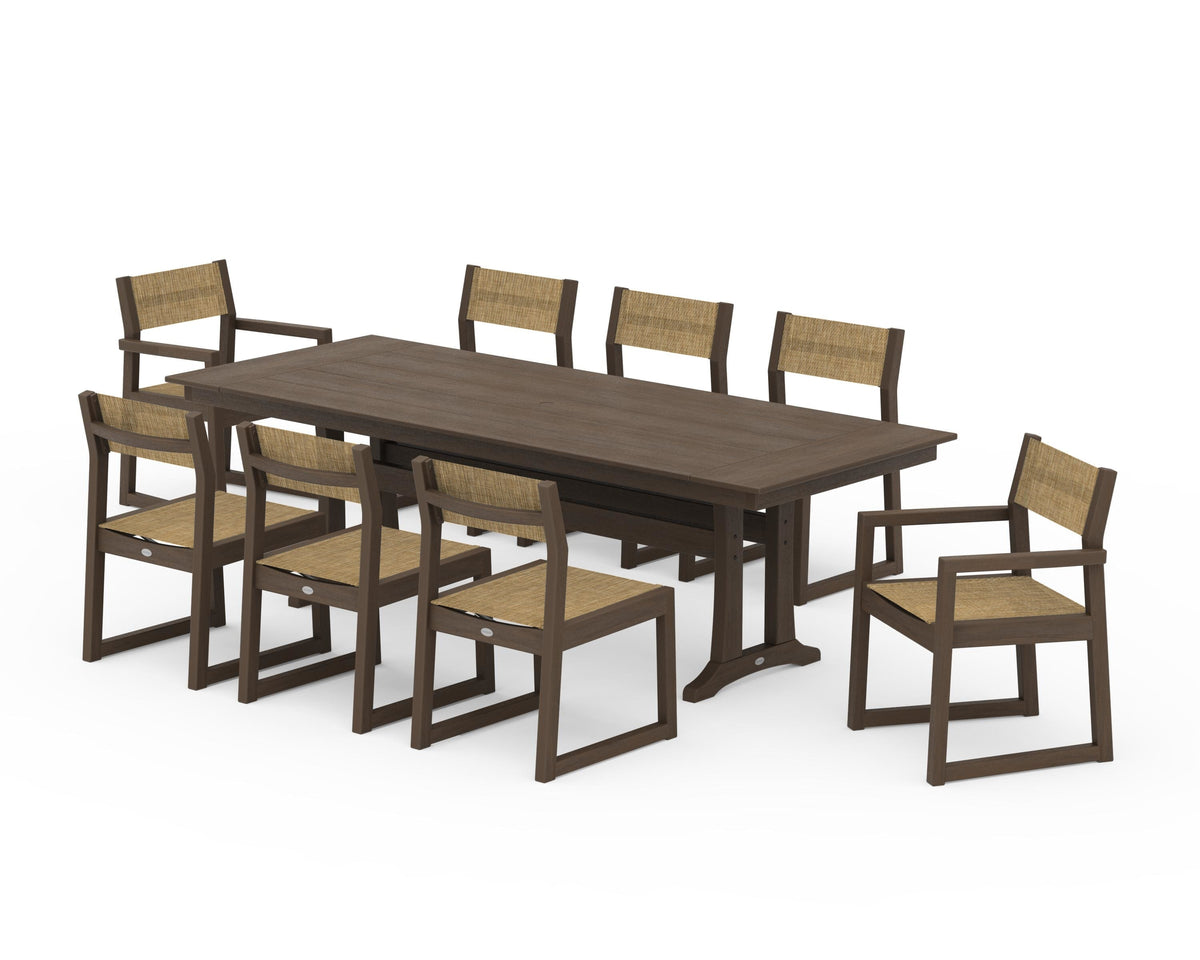 POLYWOOD EDGE Sling 9-Piece Farmhouse Trestle Dining Set in Kona / Burlap