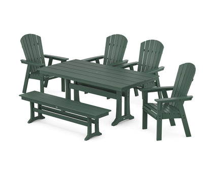 POLYWOOD Nautical Curveback Adirondack 6-Piece Farmhouse Dining Set with Trestle Legs and Bench in Green