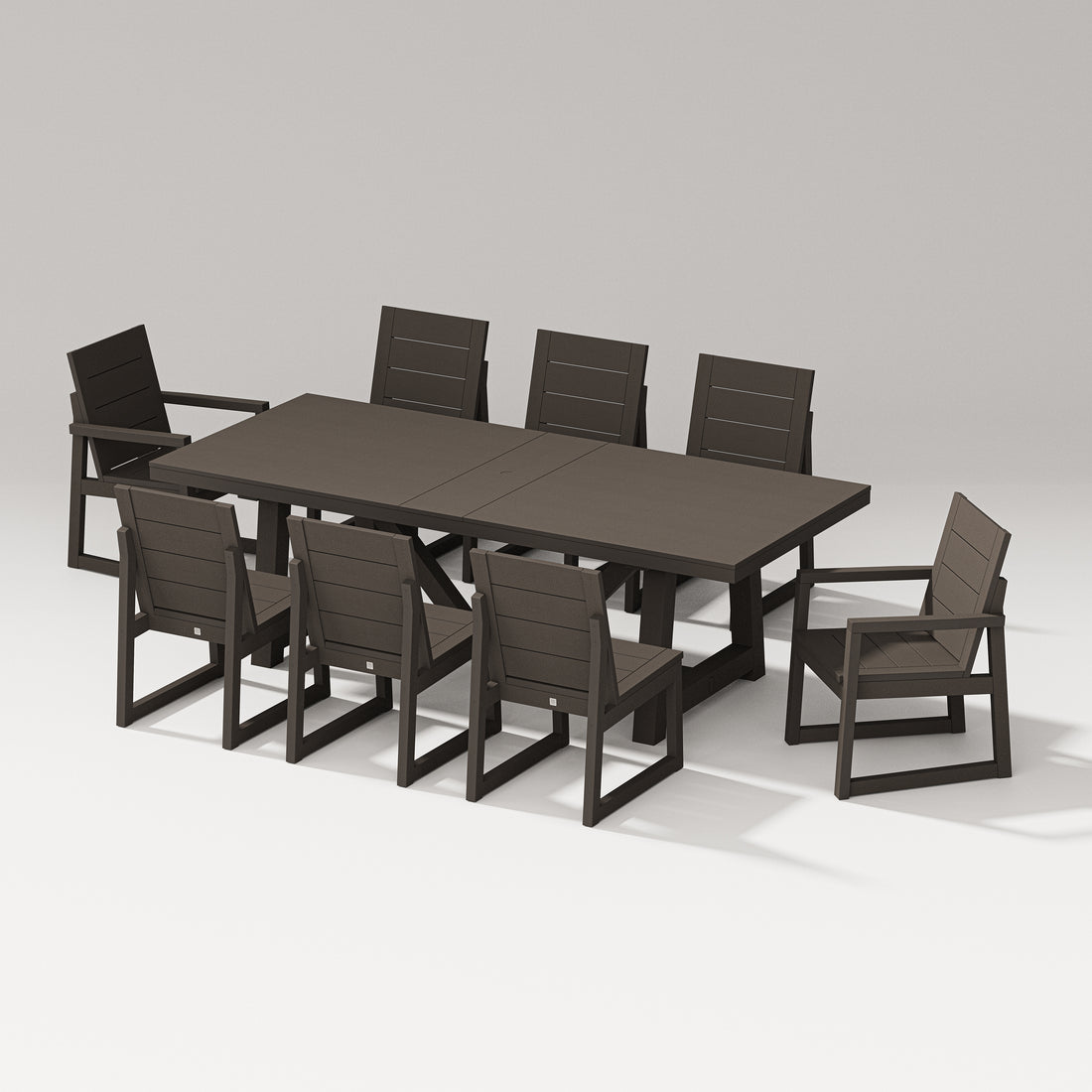 POLYWOOD PW Designer Series Elevate 9-Piece A-Frame Table Dining Set with PW Designer Series Elevate Dining Side Chair in Vintage Coffee