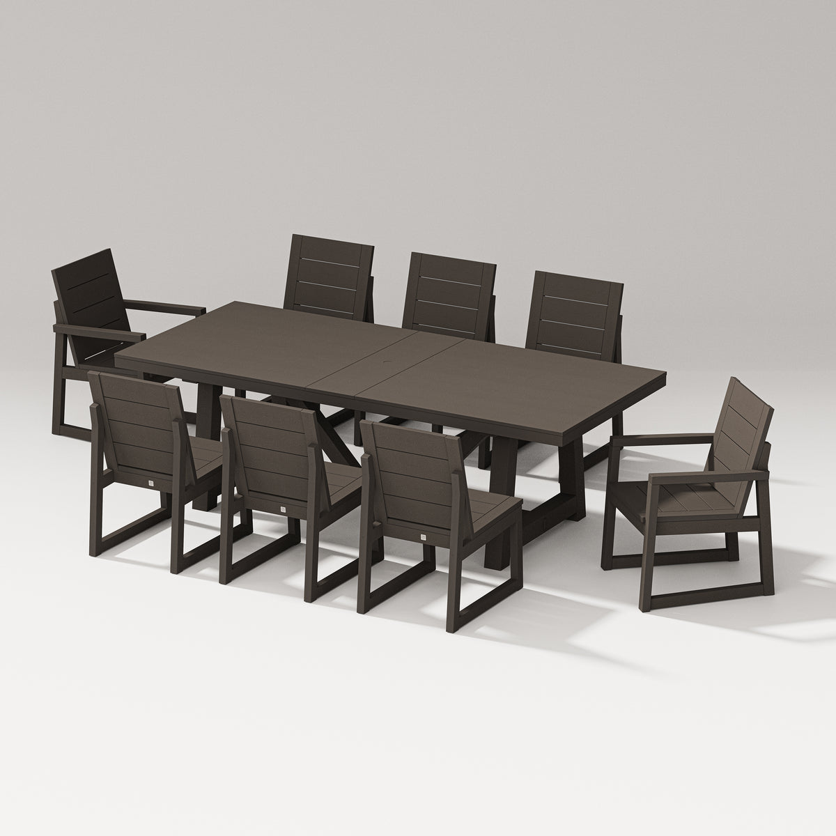 POLYWOOD PW Designer Series Elevate 9-Piece A-Frame Table Dining Set with PW Designer Series Elevate Dining Side Chair in Vintage Coffee