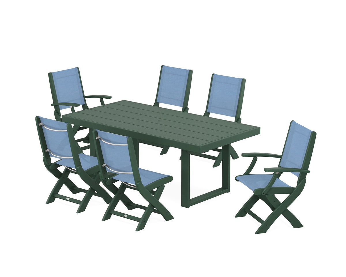 POLYWOOD Coastal Folding Chair 7-Piece Dining Set with Trestle Legs with EDGE 40" x 78" Dining Table in Green / Poolside