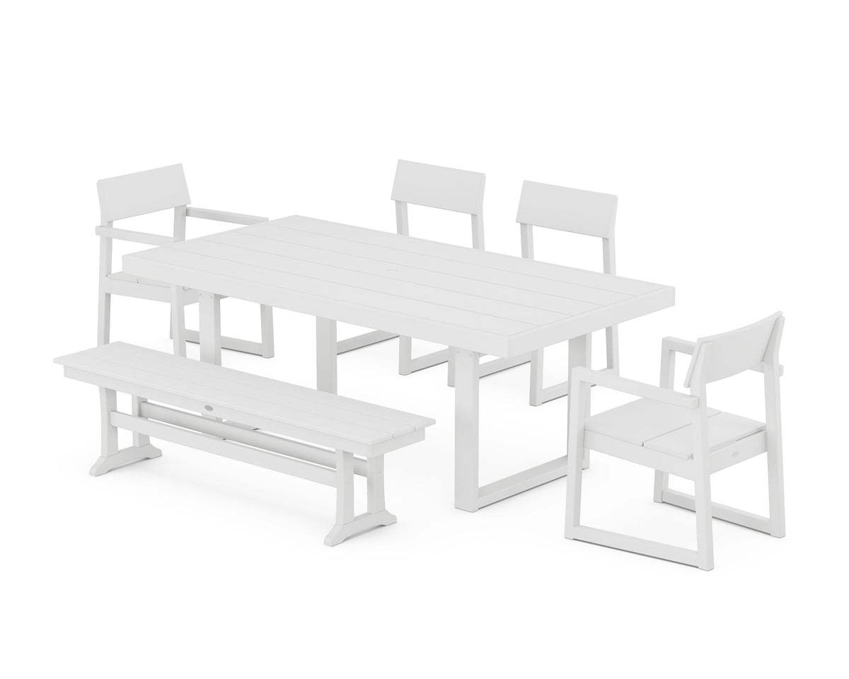 POLYWOOD EDGE 6-Piece Dining Set with Bench (EDGE 40" x 78" Table) in White