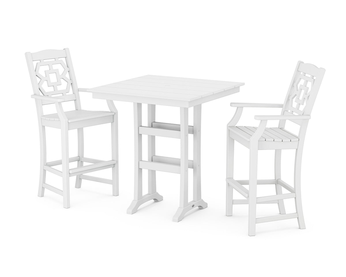 POLYWOOD Chinoiserie 3-Piece Farmhouse Bar Set with Trestle Legs in White