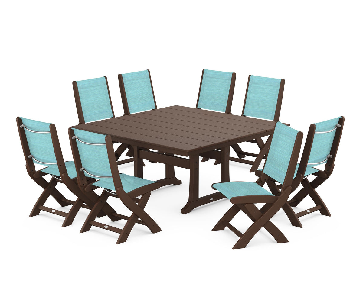 POLYWOOD Coastal Folding Side Chair 9-Piece Farmhouse Dining Set in Mahogany / Dupioni Aquamarine