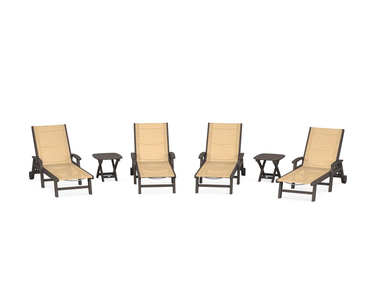POLYWOOD Coastal Chaise 6-Piece Set with Wheels in Vintage Coffee / Dupioni Apricot