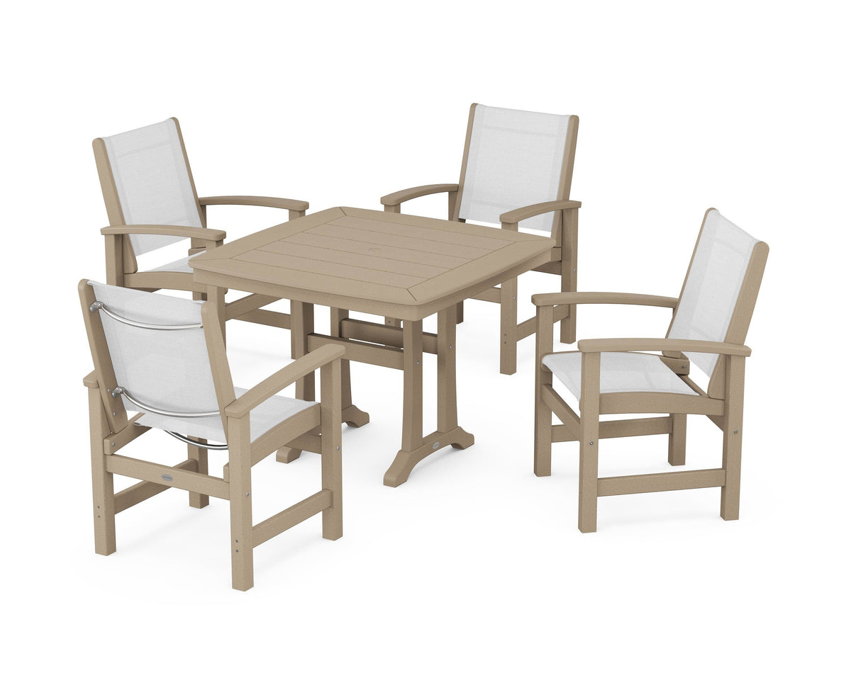 POLYWOOD Coastal 5-Piece Dining Set with Trestle Legs with Nautical Trestle 37" Dining Table in Vintage Sahara / White