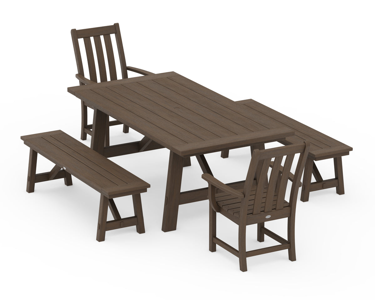 POLYWOOD Vineyard 5-Piece Rustic Farmhouse Dining Set with Benches in Kona