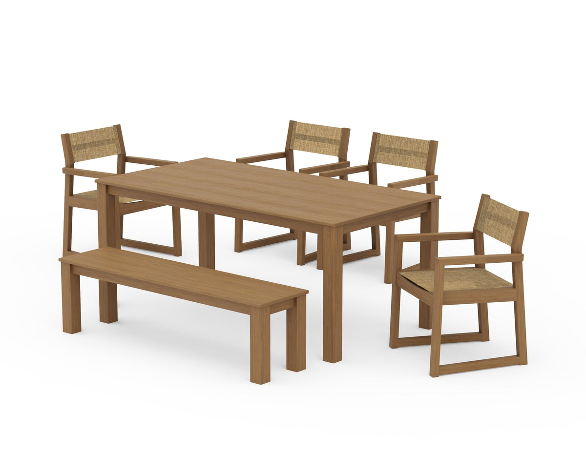 POLYWOOD EDGE Sling Arm Chair 6-Piece Parsons Dining Set with Bench in Natural / Burlap