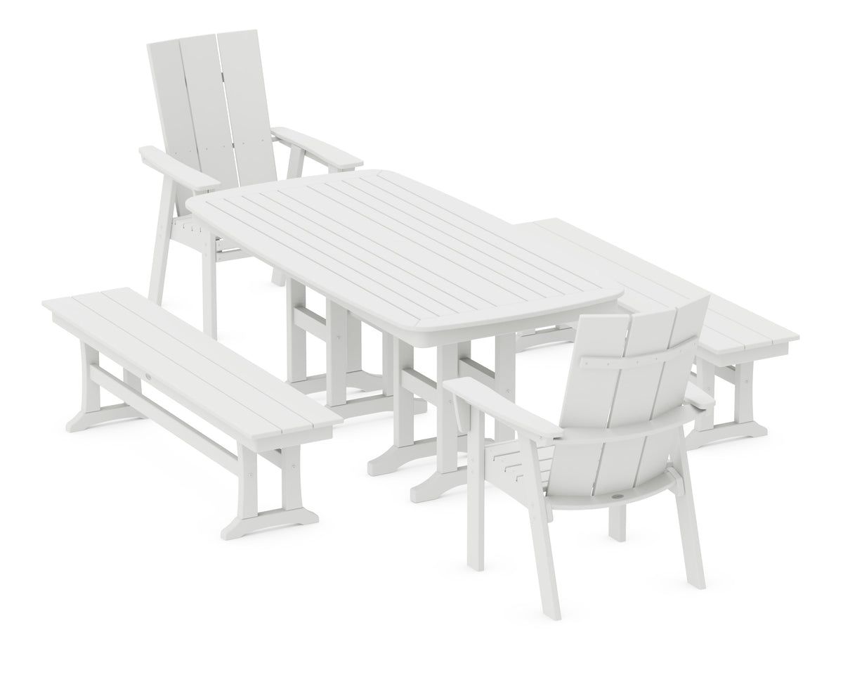 POLYWOOD Modern Curveback Adirondack 5-Piece Dining Set with Benches - 37" x 72" Table in White