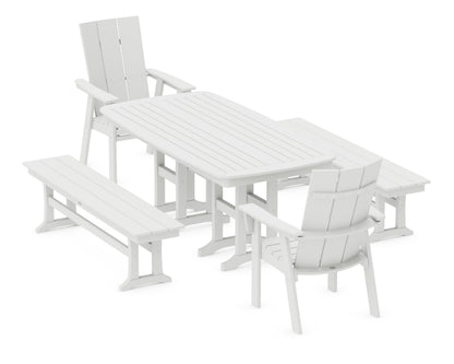 POLYWOOD Modern Curveback Adirondack 5-Piece Dining Set with Benches - 37" x 72" Table in White