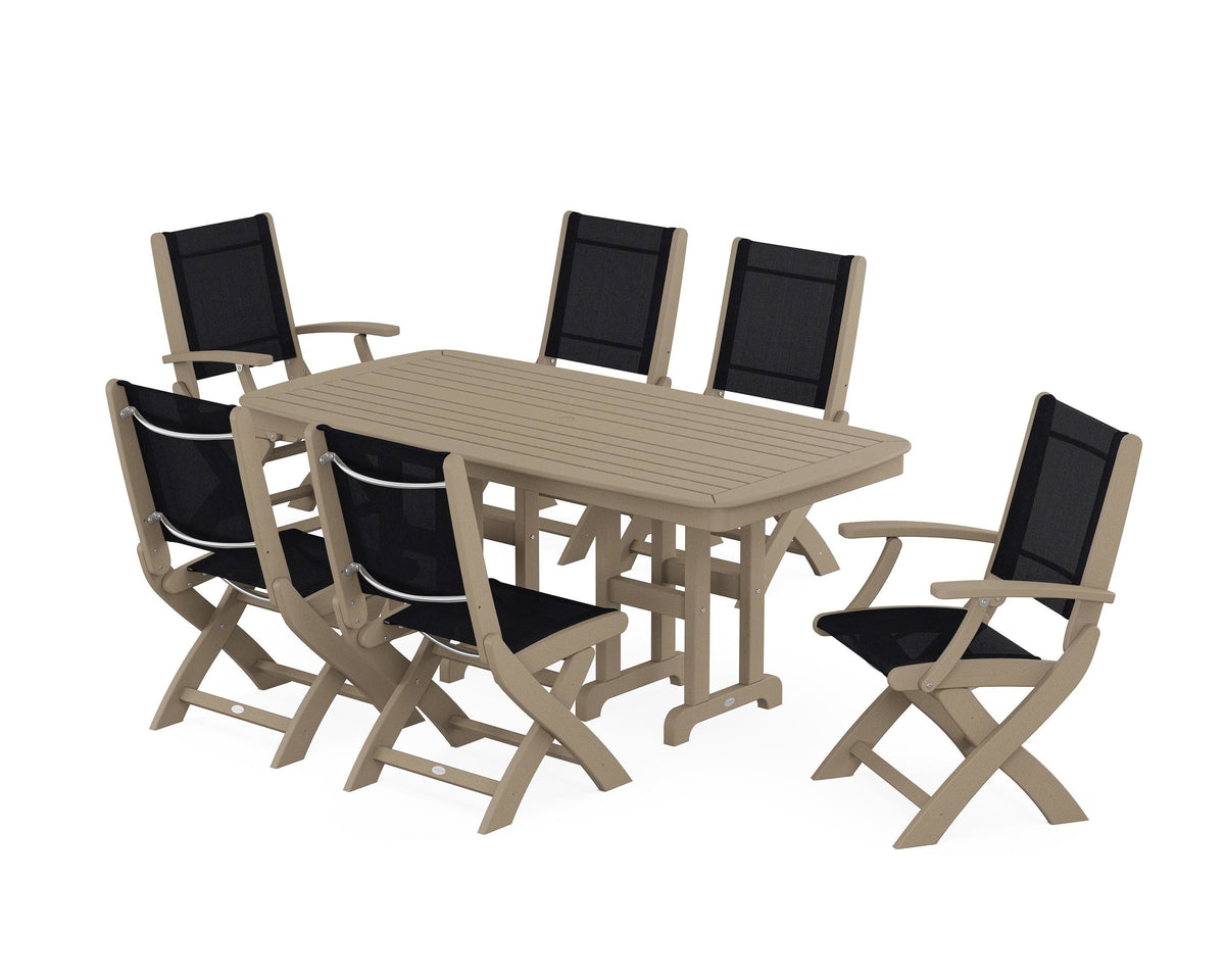 POLYWOOD Coastal Folding Chair 7-Piece Dining Set in Vintage Sahara / Black