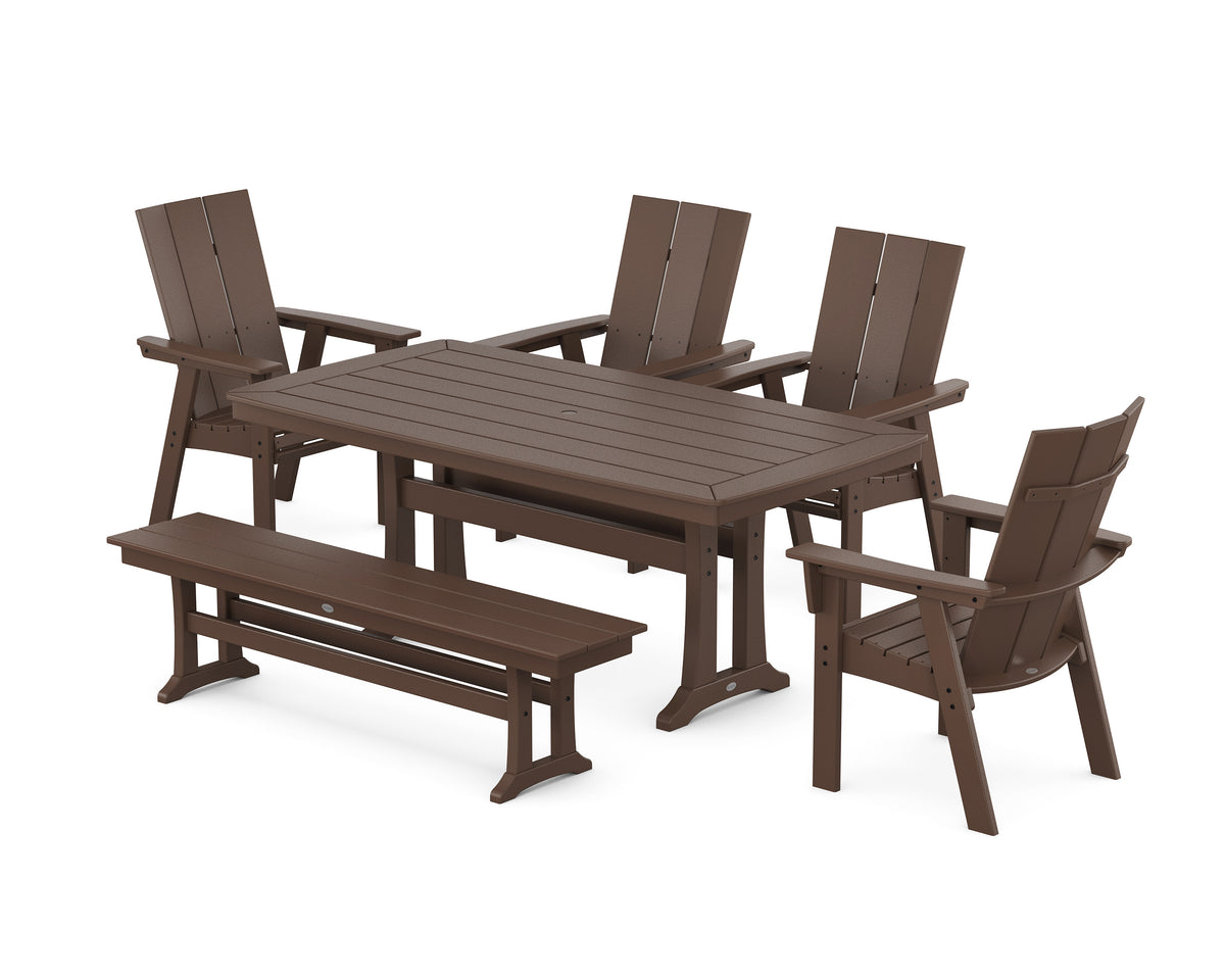 POLYWOOD Modern Curveback Adirondack 6-Piece Farmhouse Dining Set with Trestle Legs and Bench - 38" x 73" Table in Mahogany