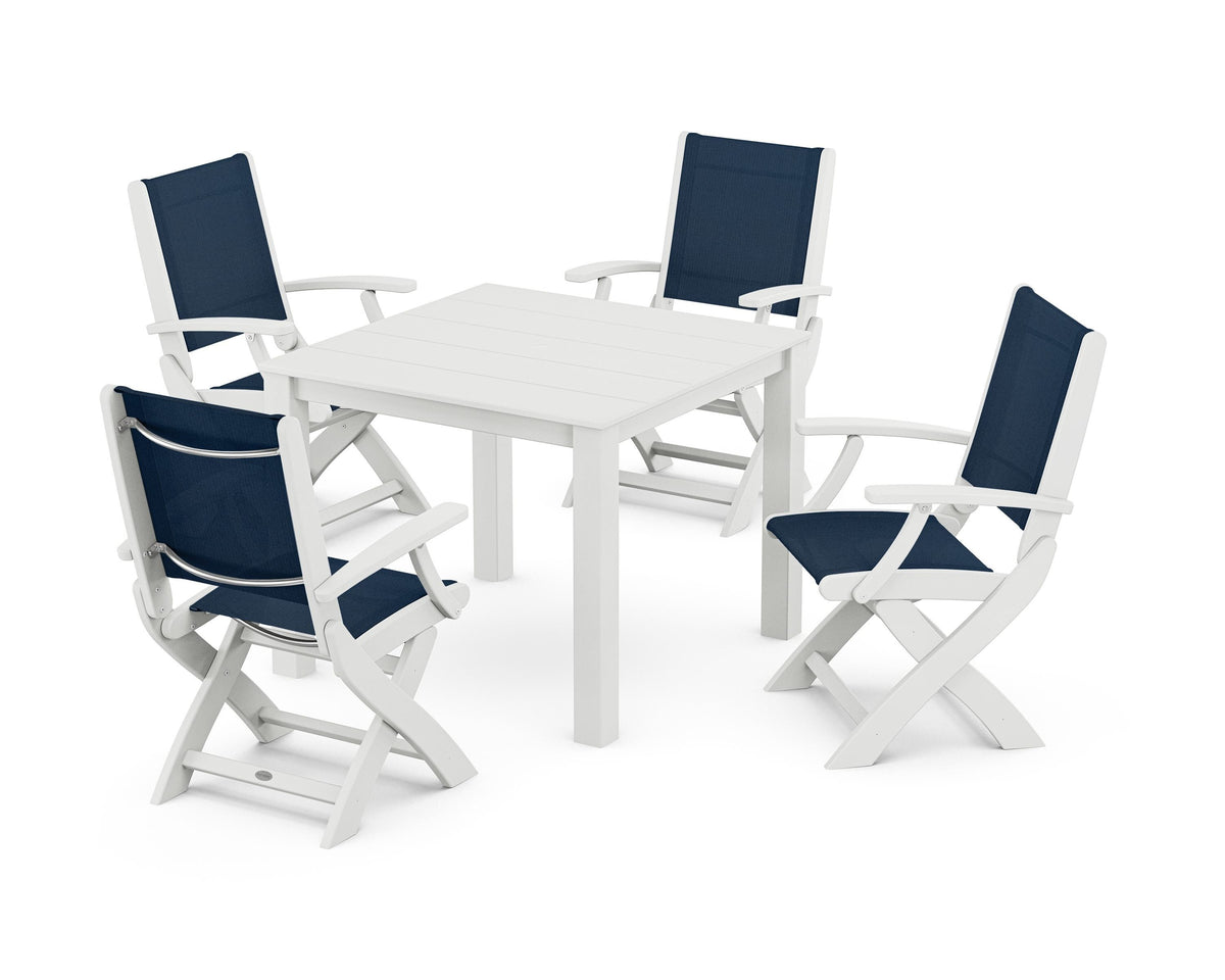 POLYWOOD Coastal Folding Chair 5-Piece Parsons Dining Set in White / Navy Blue