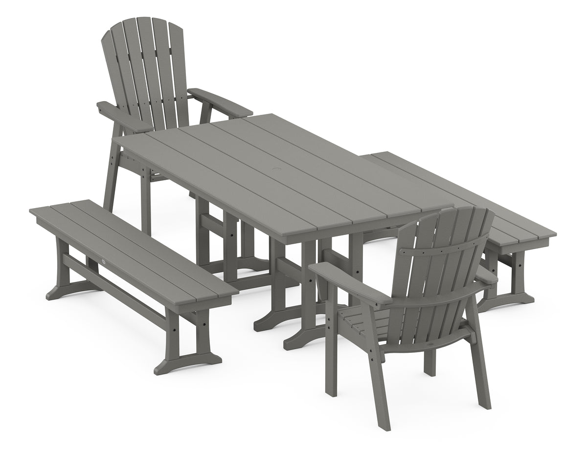 POLYWOOD Nautical Curveback Adirondack 5-Piece Farmhouse Dining Set with Benches in Slate Grey