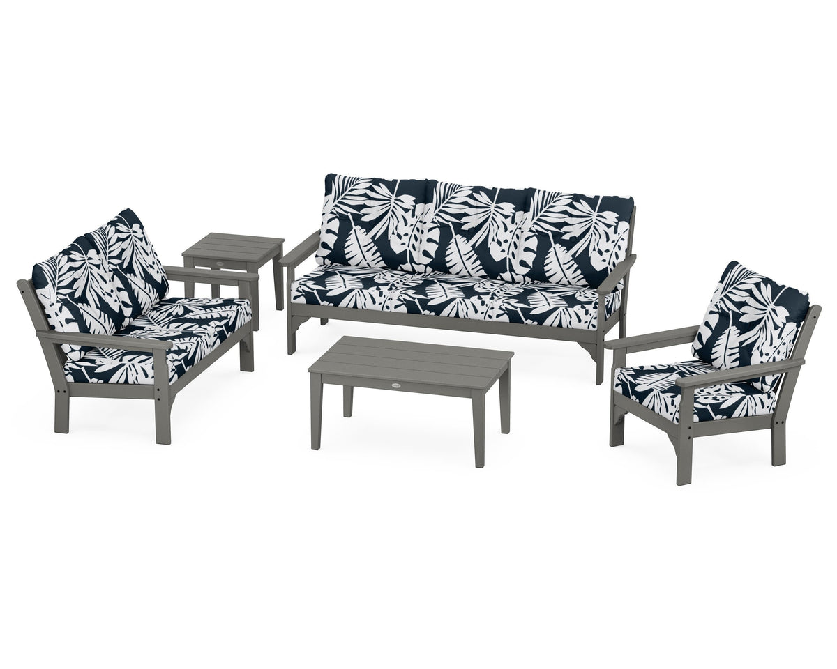 POLYWOOD Vineyard 5-Piece Deep Seating Set with Sofa in Slate Grey / Leaf Marine Indigo