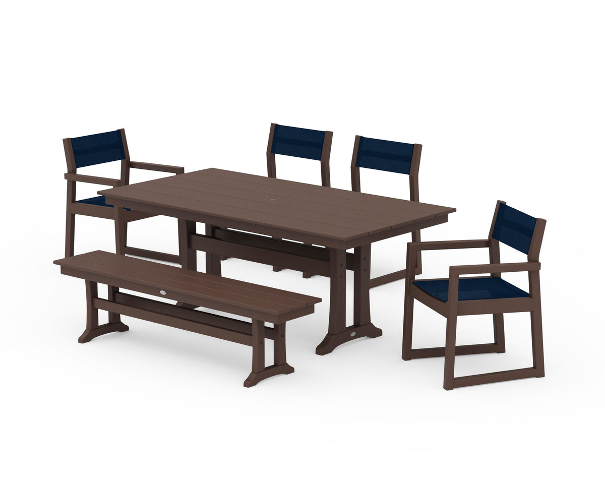 POLYWOOD EDGE Sling 6-Piece Farmhouse Dining Set With Trestle Legs in Mahogany / Navy Blue