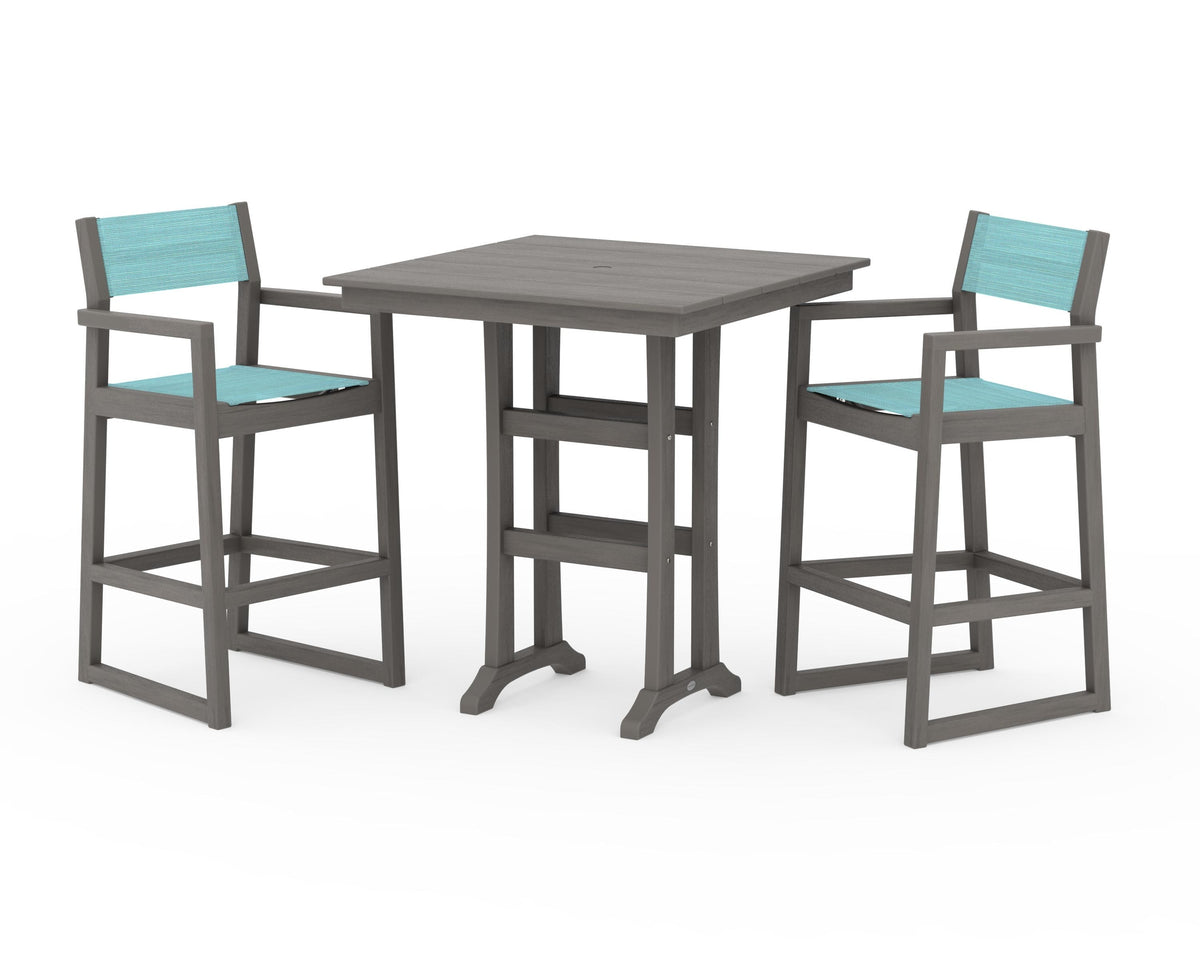 POLYWOOD EDGE Sling Arm Chair 3-Piece Farmhouse Bar Set with Trestle Legs in Driftwood / Dupioni Aquamarine