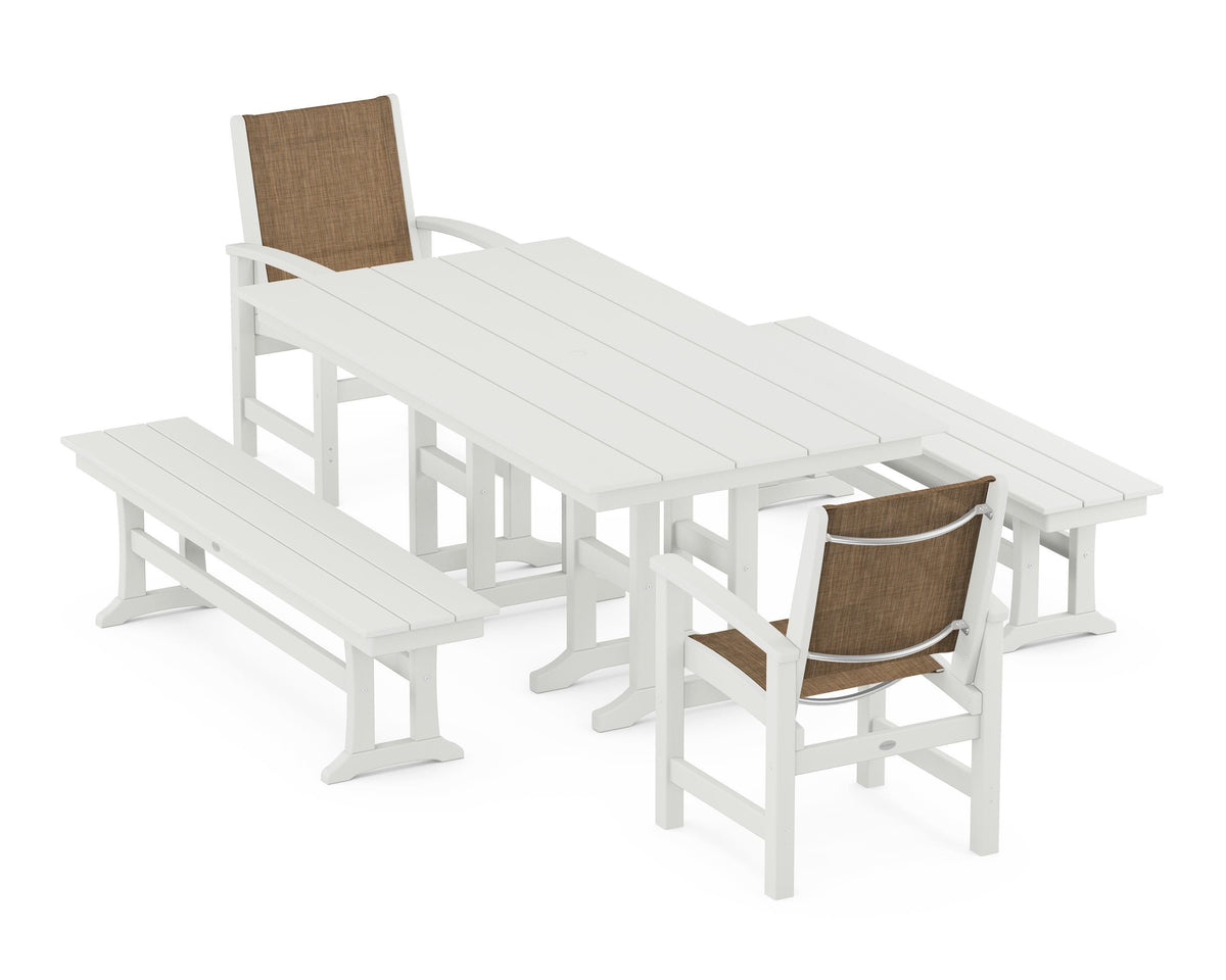 POLYWOOD Coastal 5-Piece Farmhouse Dining Set with Farmhouse 37" x 72" Dining Table in Vintage White / Burlap