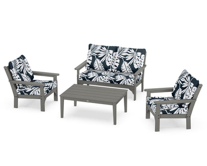 POLYWOOD Vineyard 4-Piece Deep Seating Set with Two Chairs and Loveseat in Slate Grey / Leaf Marine Indigo