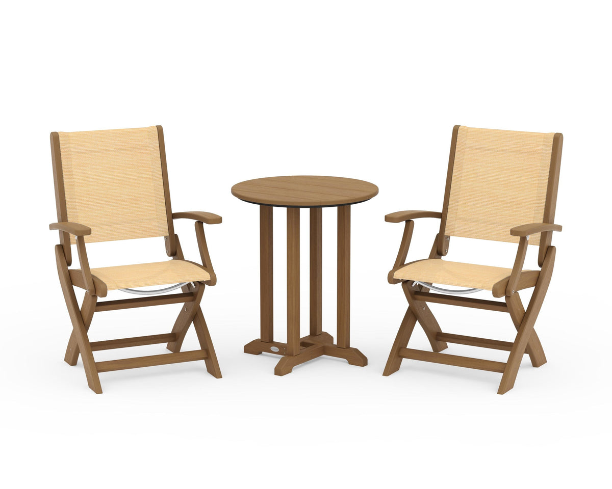 POLYWOOD Coastal Folding 3-Piece Round Bistro Dining Set in Natural / Dupioni Apricot