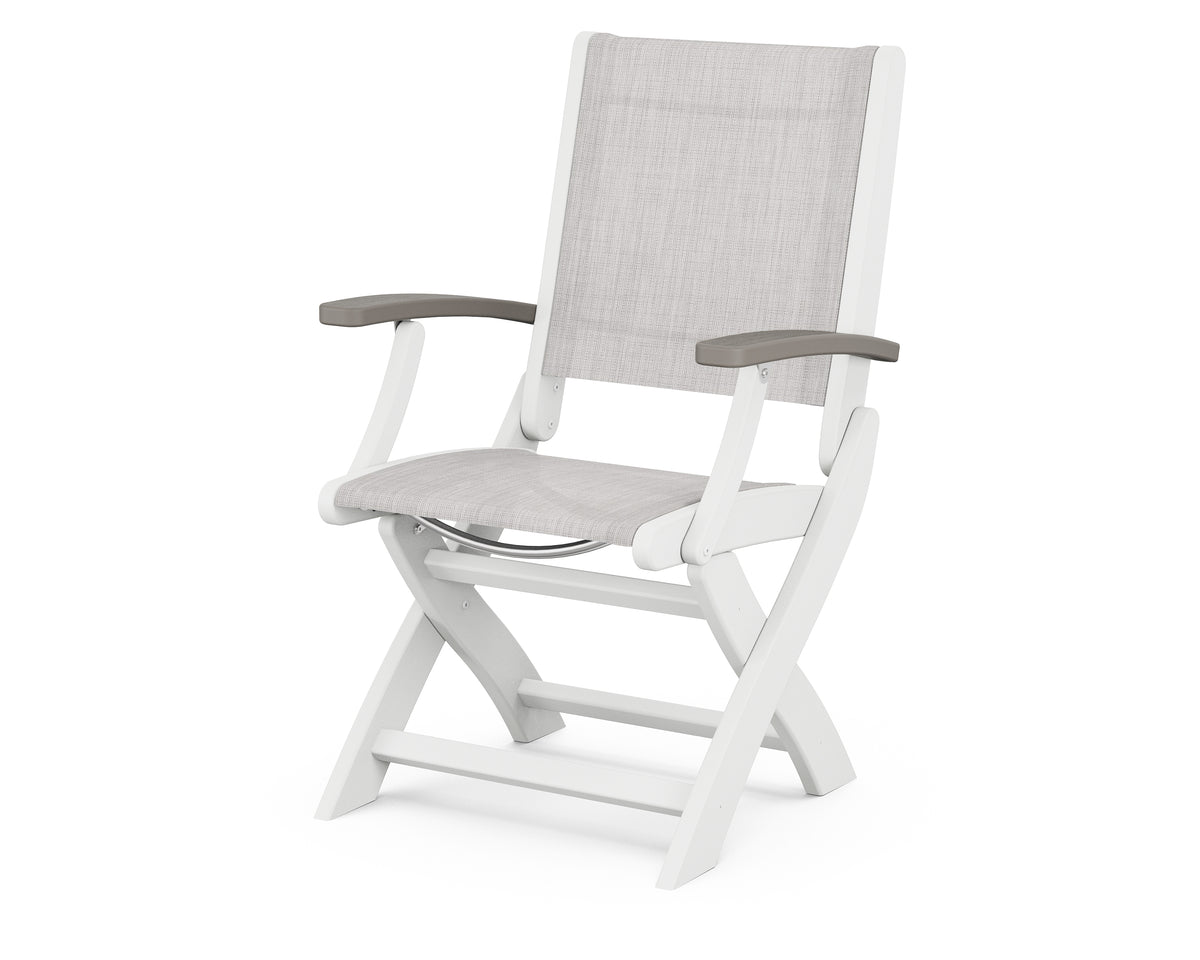 POLYWOOD Coastal Folding Chair in White with Driftwood arms and Parchment sling