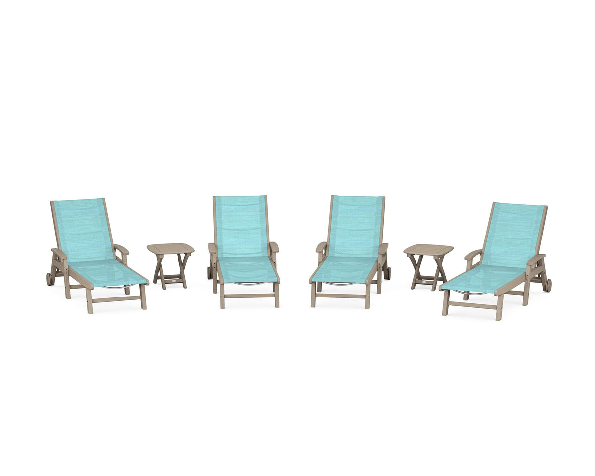 POLYWOOD Coastal Chaise 6-Piece Set with Wheels in Vintage Sahara / Dupioni Aquamarine