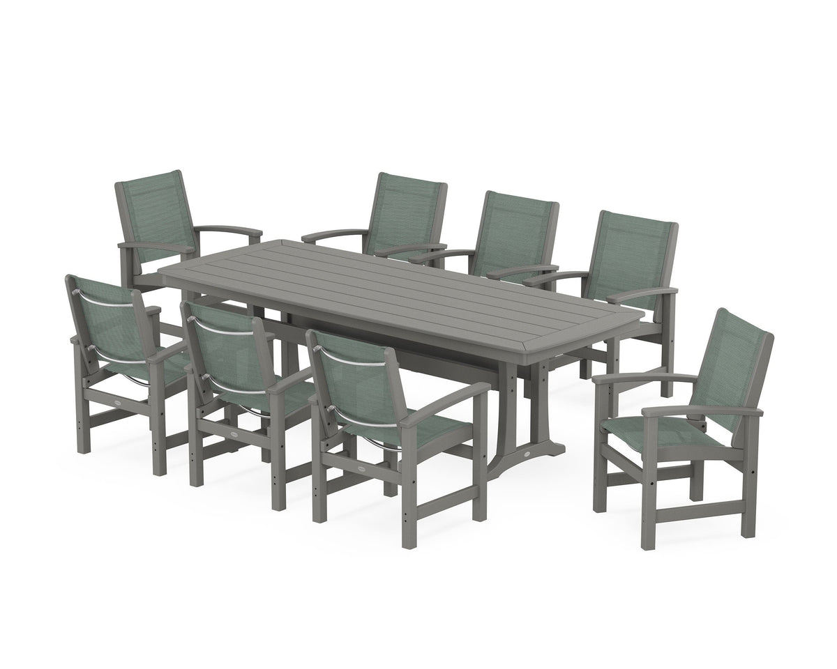POLYWOOD Coastal 9-Piece Dining Set with Trestle Legs in Slate Grey / Dupioni Sea Mist