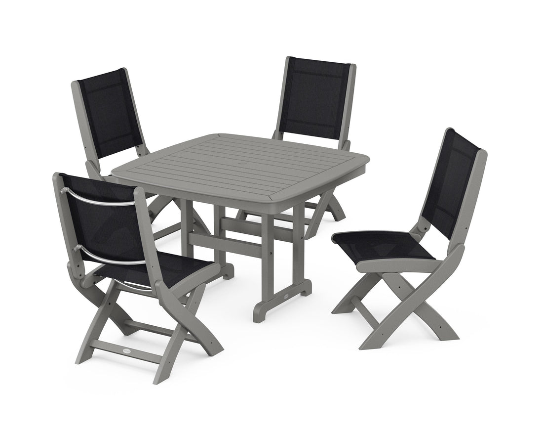 POLYWOOD Coastal Folding Side Chair 5-Piece Dining Set with Nautical 44" Dining Table in Slate Grey / Black