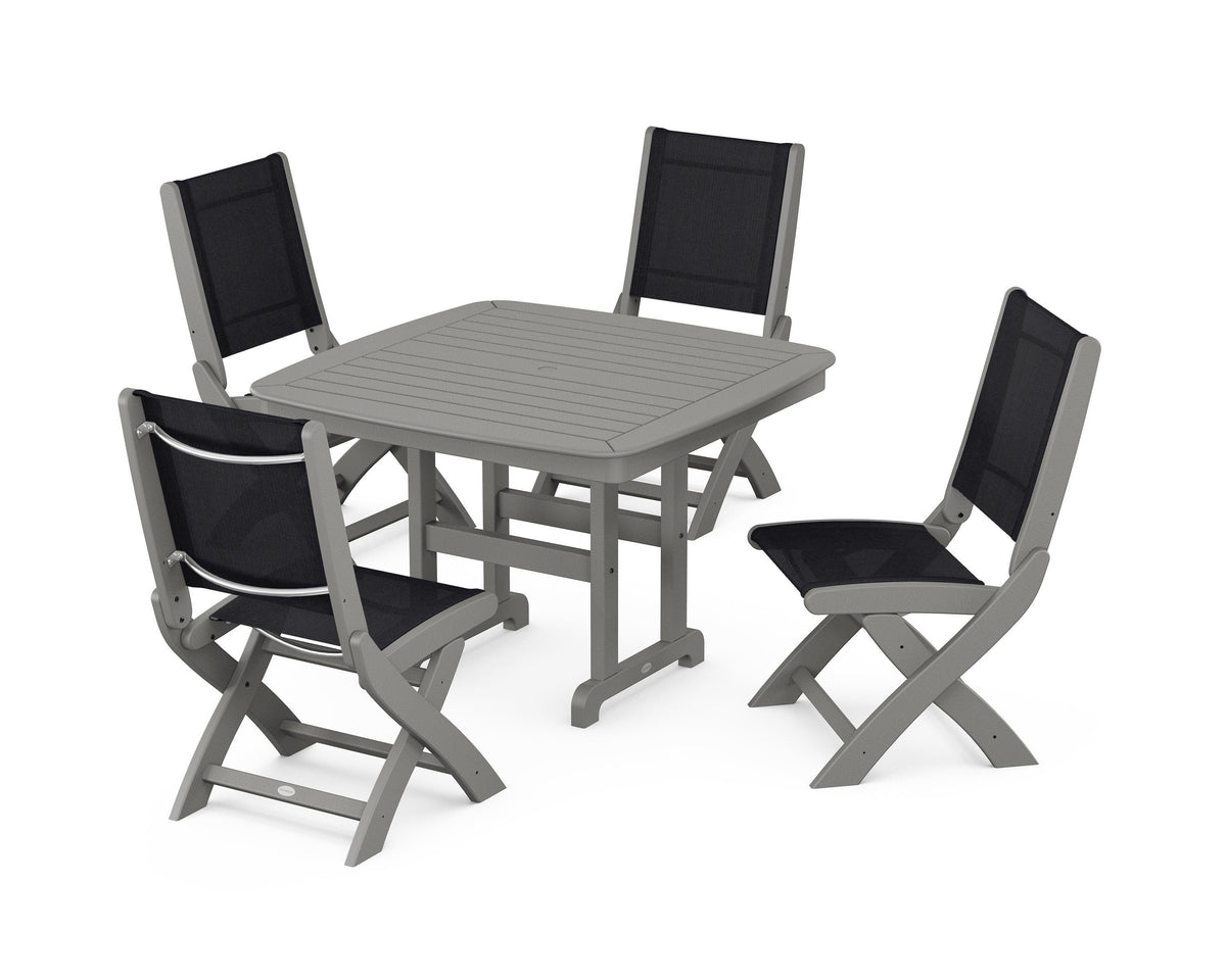 POLYWOOD Coastal Folding Side Chair 5-Piece Dining Set with Nautical 44" Dining Table in Slate Grey / Black