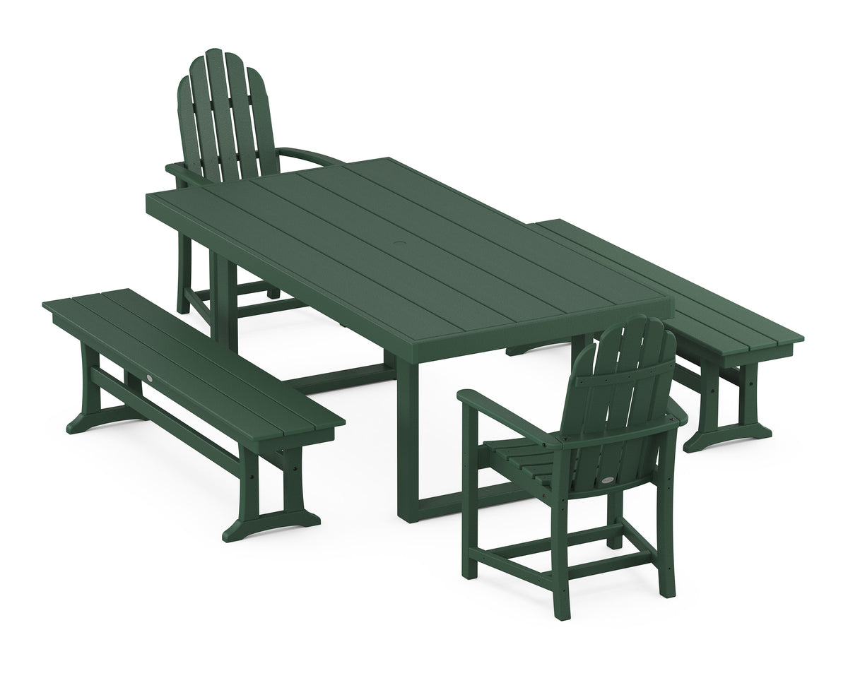 POLYWOOD Classic Adirondack 5-Piece Dining Set with Benches - 39" x 78" Table in Green