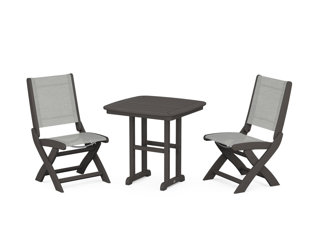POLYWOOD Coastal Folding Side Chair 3-Piece Dining Set in Vintage Coffee / Metallic