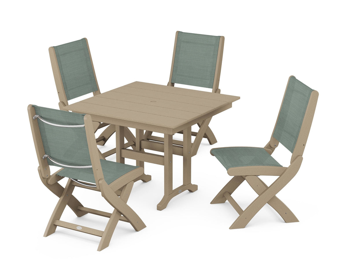 POLYWOOD Coastal Folding Side Chair 5-Piece Farmhouse Dining Set in Vintage Sahara / Dupioni Sea Mist