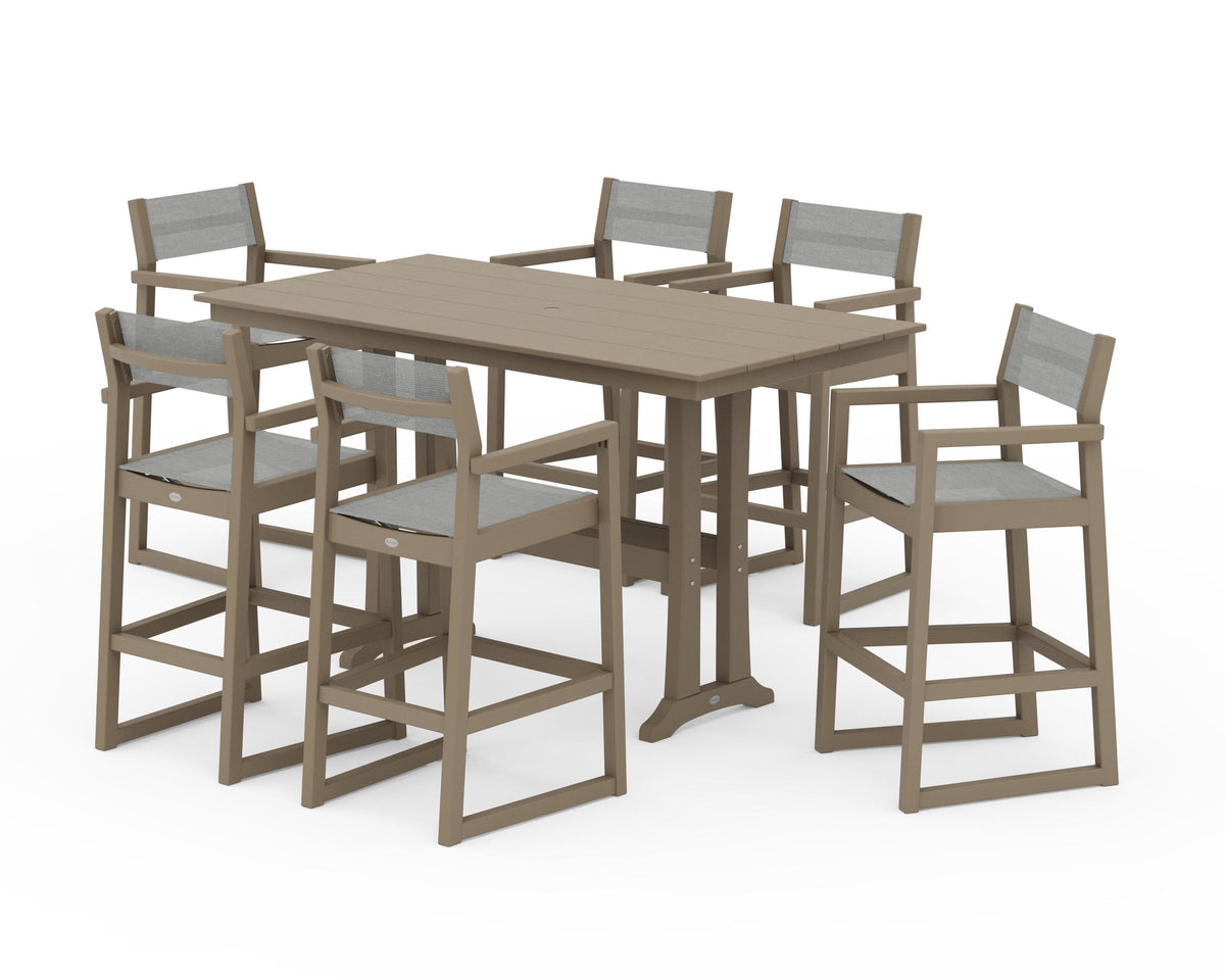 POLYWOOD EDGE Sling Arm Chair 7-Piece Farmhouse Bar Set with Trestle Legs in Vintage Sahara / Metallic