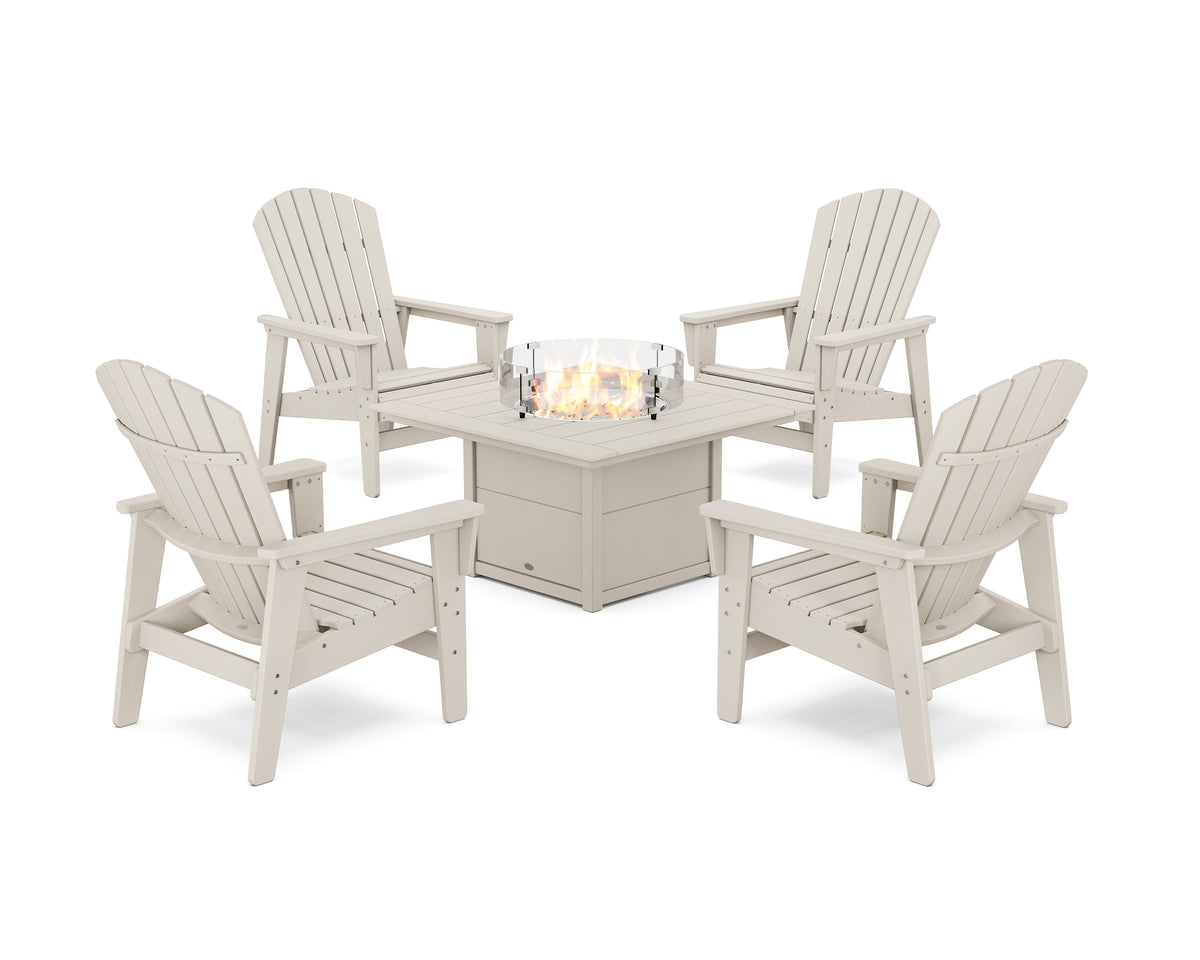 POLYWOOD 5-Piece Nautical Grand Upright Adirondack Conversation Set with Fire Pit Table in Sand
