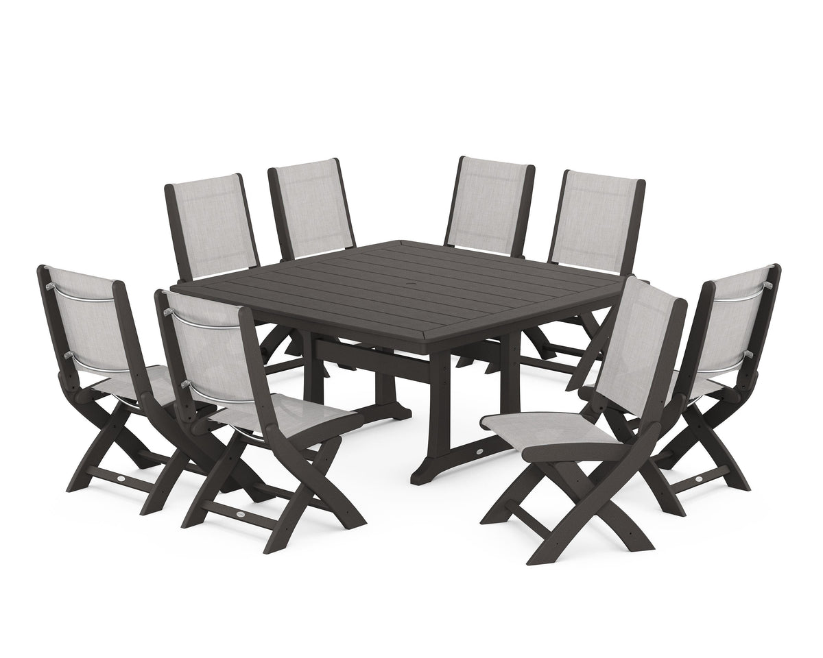 POLYWOOD Coastal Folding Side Chair 9-Piece Dining Set with Trestle Legs in Vintage Coffee / Parchment