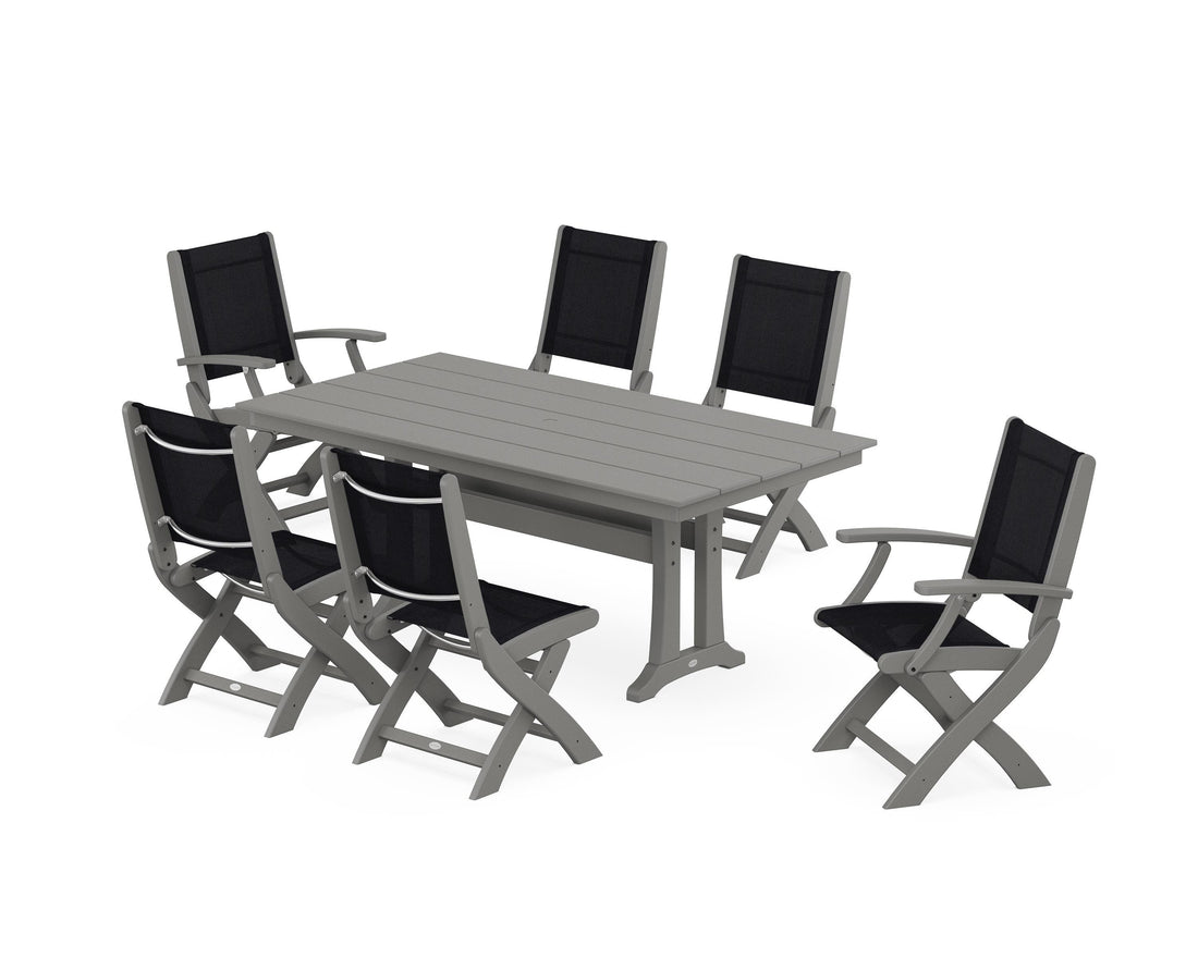 POLYWOOD Coastal Folding Chair 7-Piece Farmhouse Dining Set with Trestle Legs in Slate Grey / Black