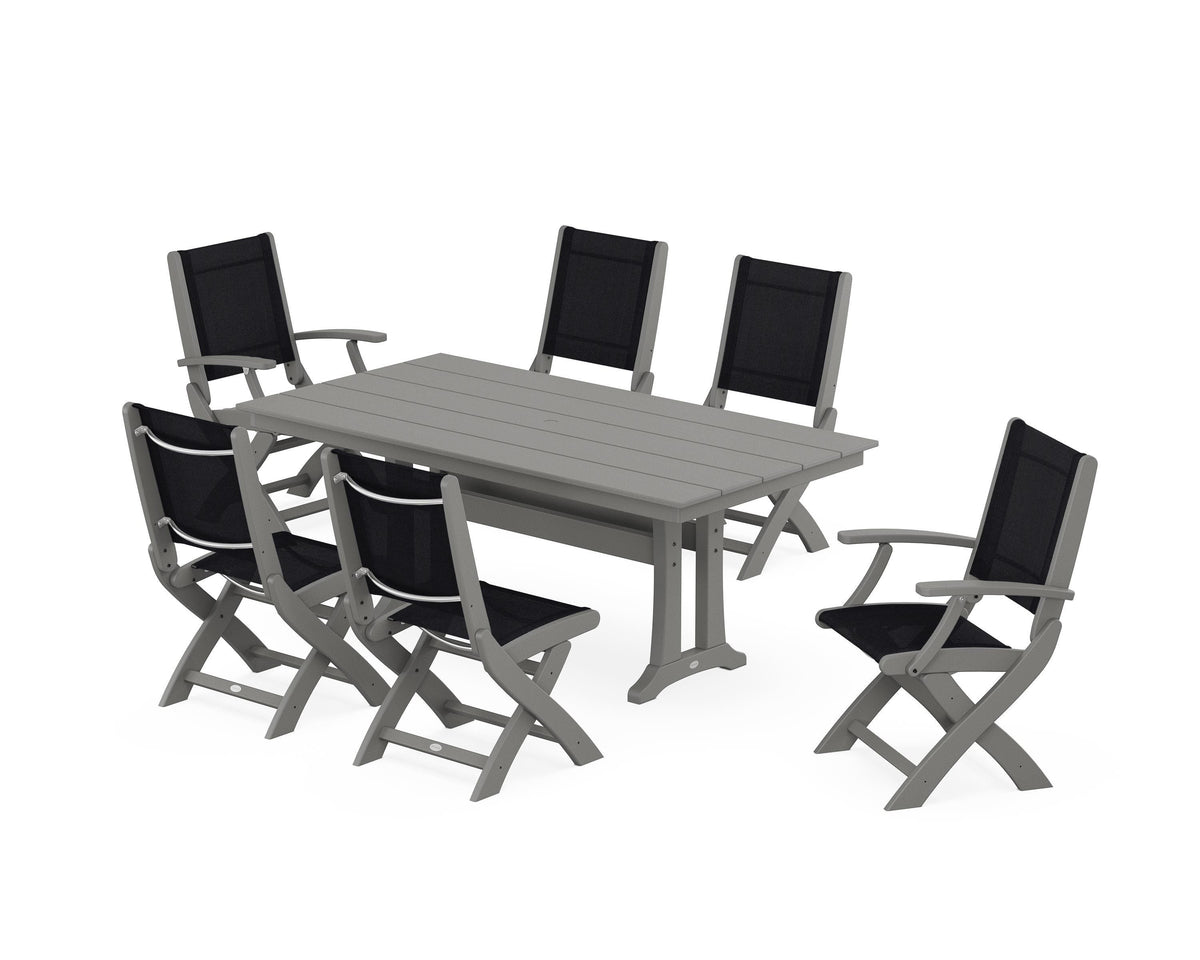 POLYWOOD Coastal Folding Chair 7-Piece Farmhouse Dining Set with Trestle Legs in Slate Grey / Black