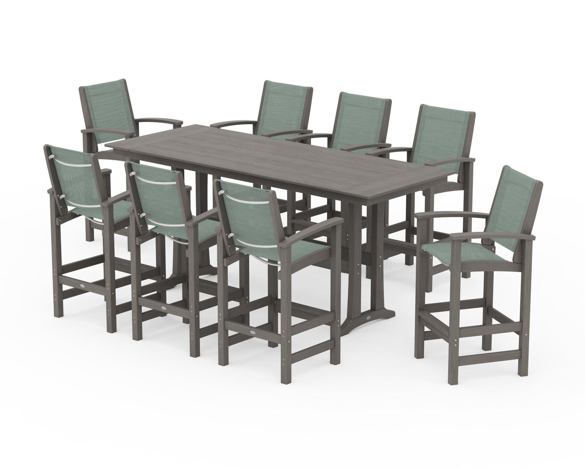 POLYWOOD Coastal 9-Piece Farmhouse Bar Set with Trestle Legs in Driftwood / Dupioni Sea Mist
