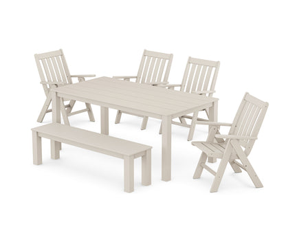 POLYWOOD Vineyard Folding Chair 6-Piece Parsons Dining Set with Bench in Sand