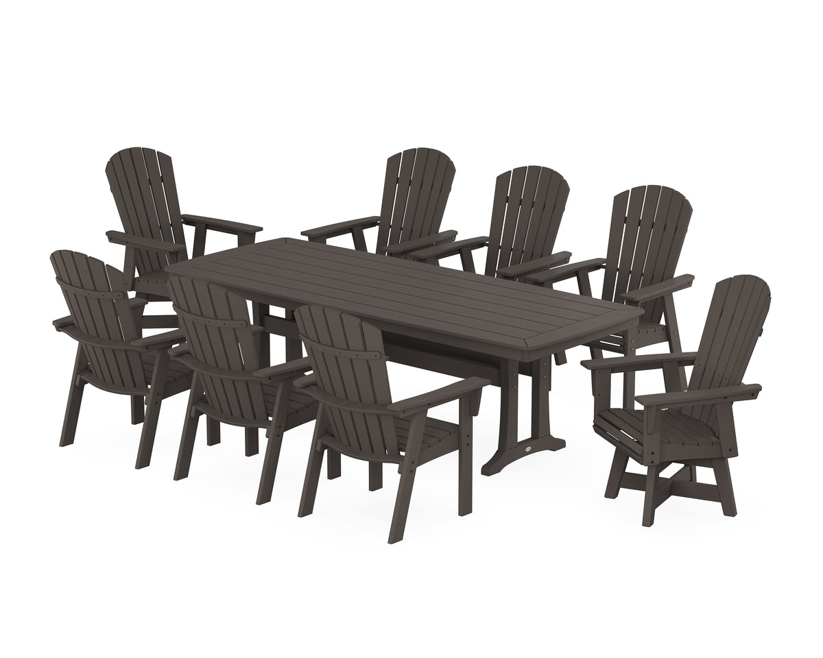 POLYWOOD Nautical Curveback Adirondack Swivel 9-Piece Dining Set with Trestle Legs in Vintage Coffee