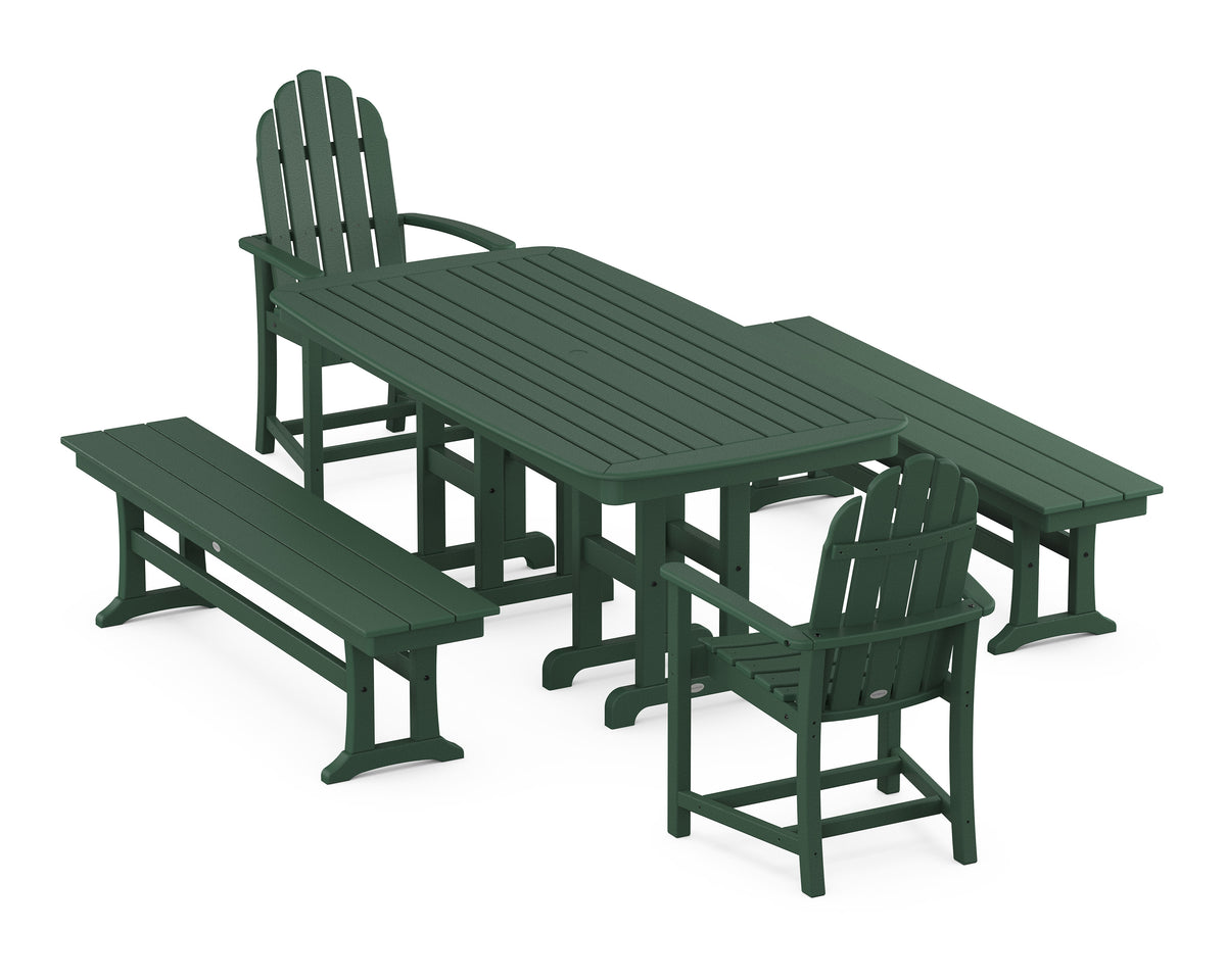 POLYWOOD Classic Adirondack 5-Piece Dining Set with Benches - 37" x 72" Table in Green
