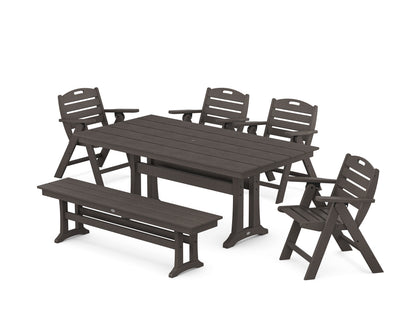 POLYWOOD Nautical Lowback 6-Piece Farmhouse Dining Set with Trestle Legs and Bench in Vintage Coffee